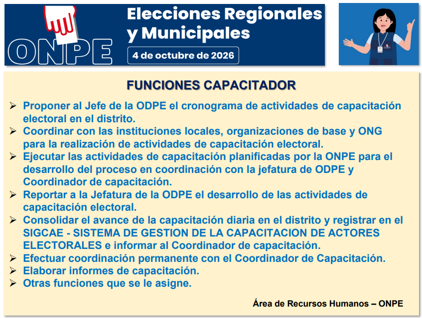 Funciones desempeñará un Capacitador Electoral en las ODPE